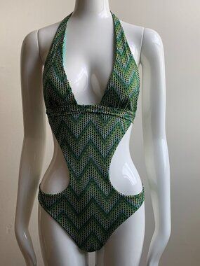 Sauvage Green printed monokini cut out one piece swimsuit